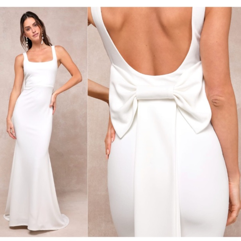 Lulus Loving Fate White Bow Square Neck Backless Maxi Long Dress, Size S, NWOT - Picture 3 of 15